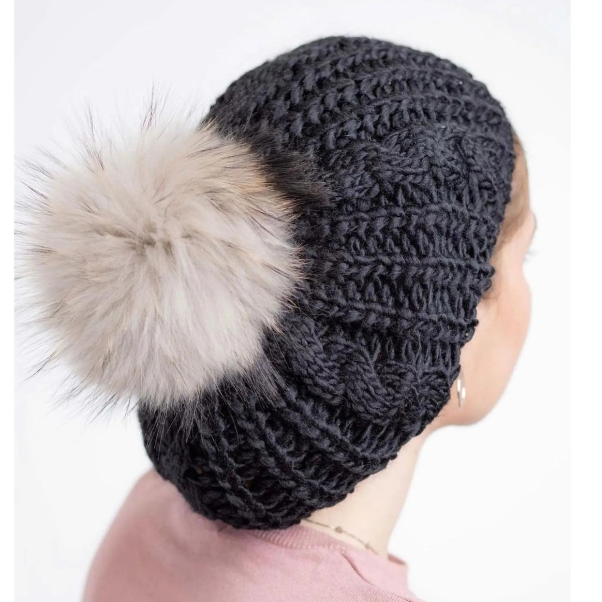 Black Cableknit Pom Beret by Valeri