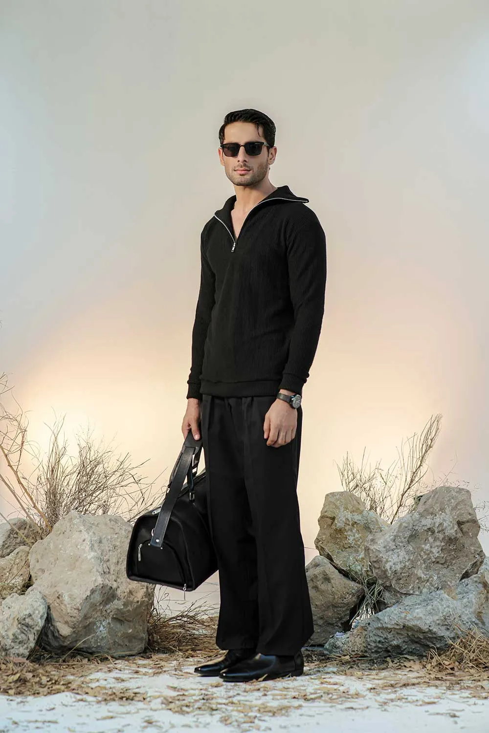 Black Fisherman Knit Zip Neck Jumper