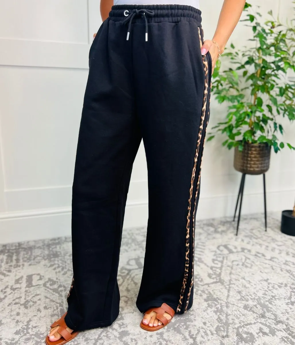 Black Leopard Stripe Wide Leg Jogger