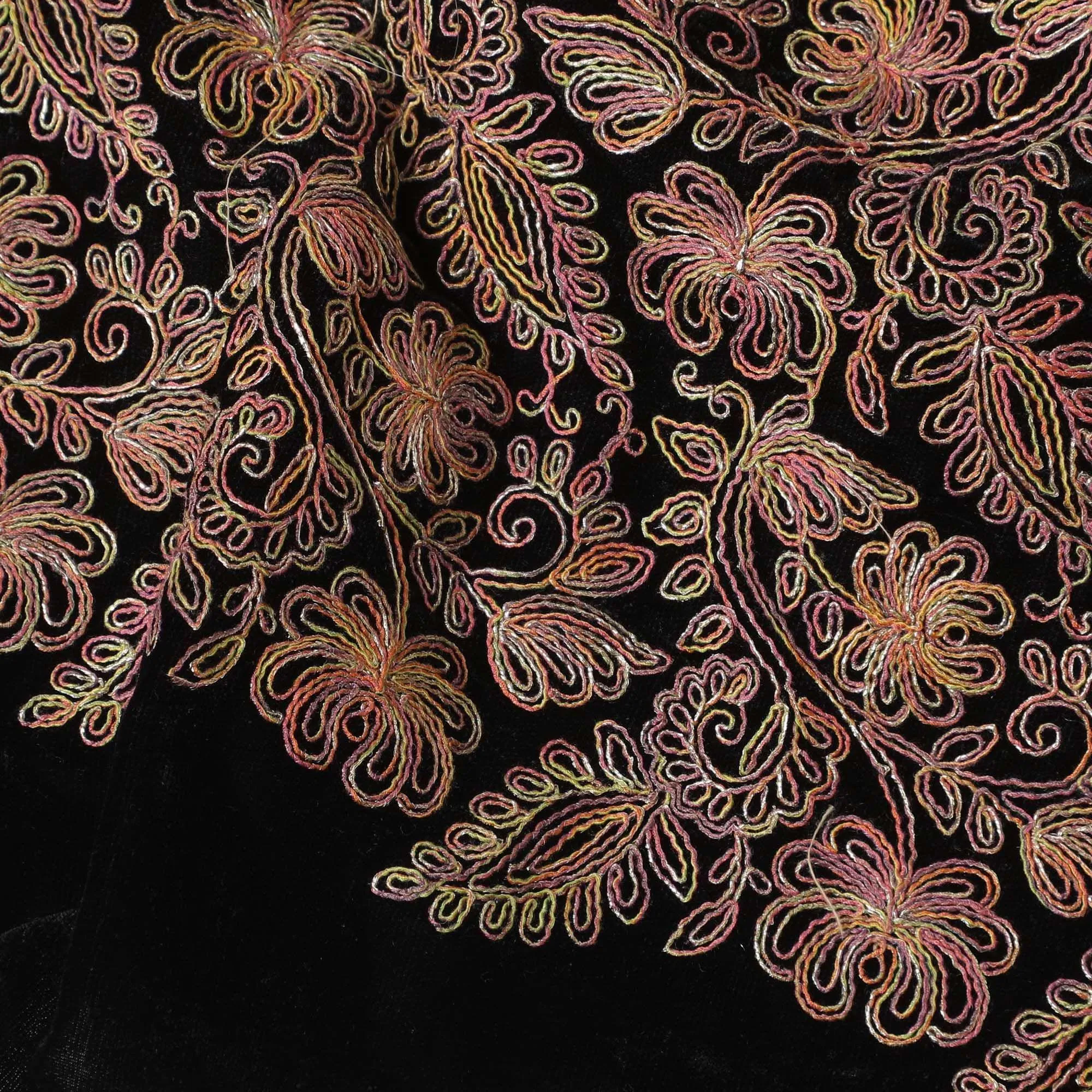 Black premium silk blended velvet fabric with multicolor metallic embroidery in floral design-D13679