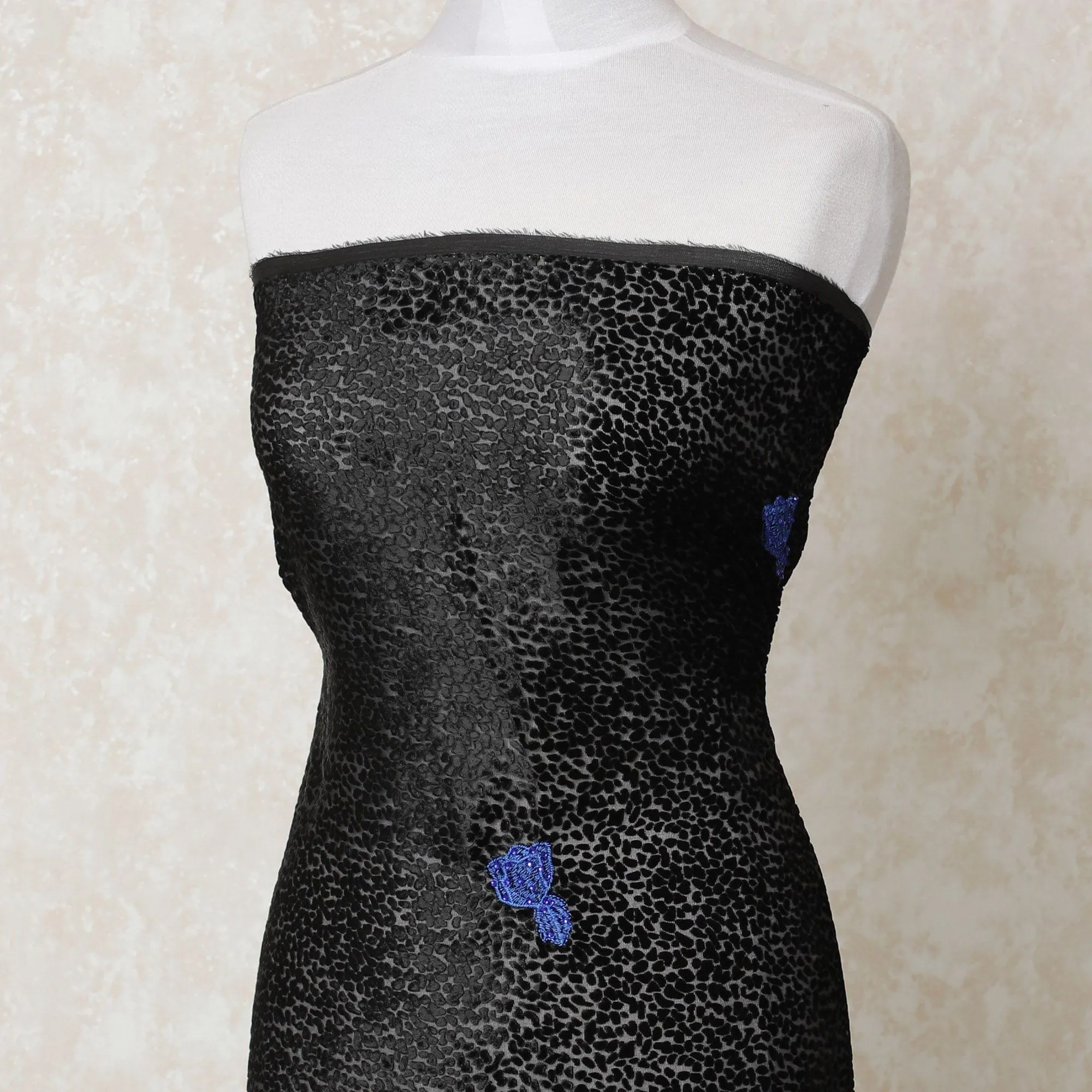 Black silk blended velvet fabric with royal blue embroidery having stone work in floral design-D12002