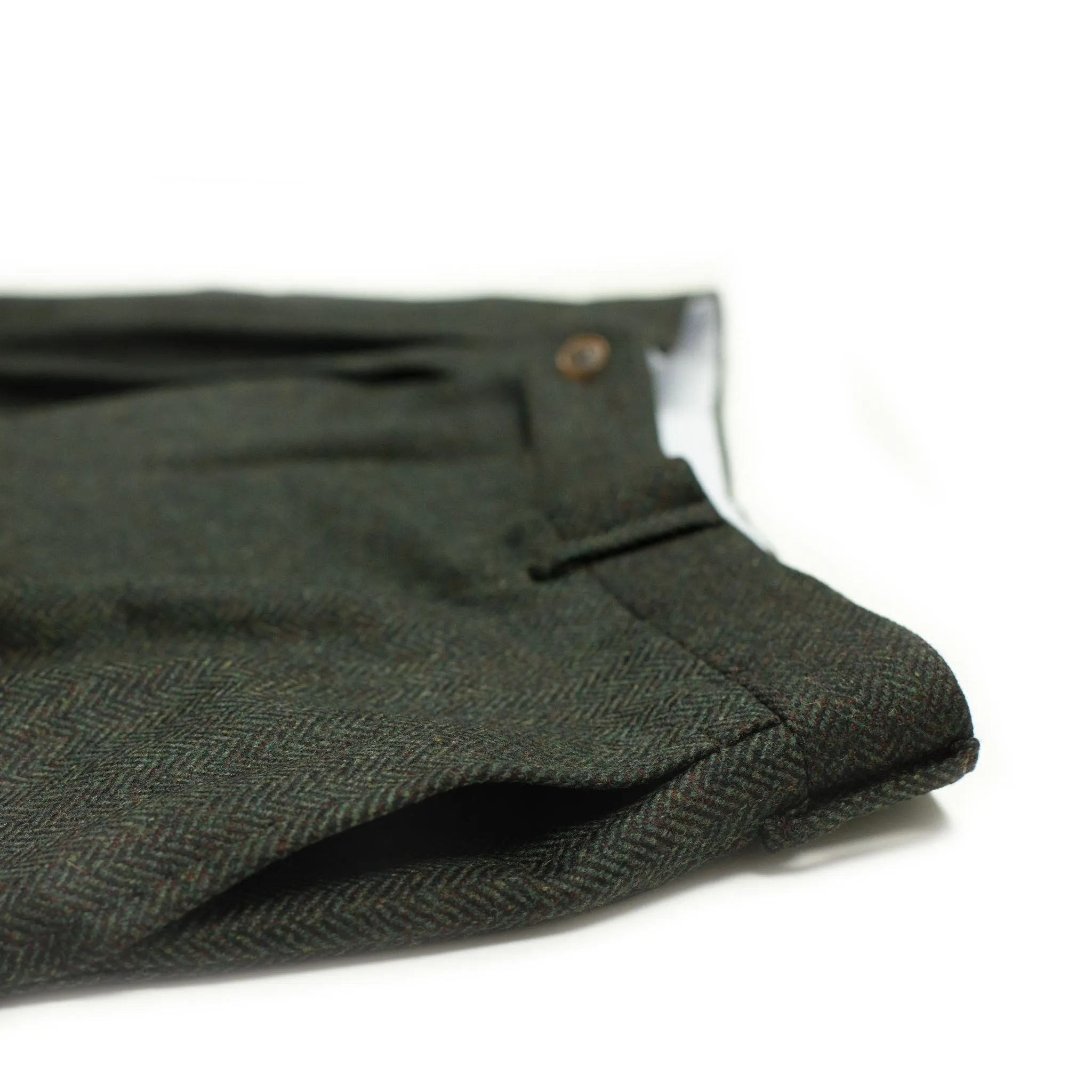 Brooklyn double-pleat high-rise wide fit trousers in dark green tweed-like herringbone wool cashmere (restock)