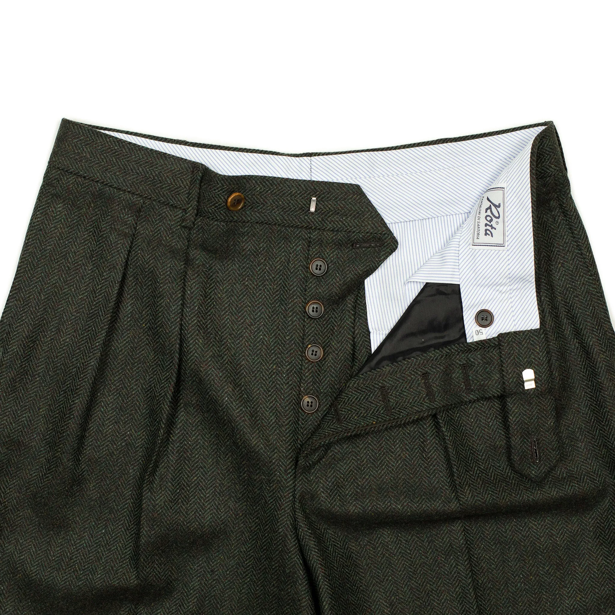 Brooklyn double-pleat high-rise wide fit trousers in dark green tweed-like herringbone wool cashmere (restock)