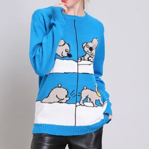 Christmas Blue Cartoon Print Sweater