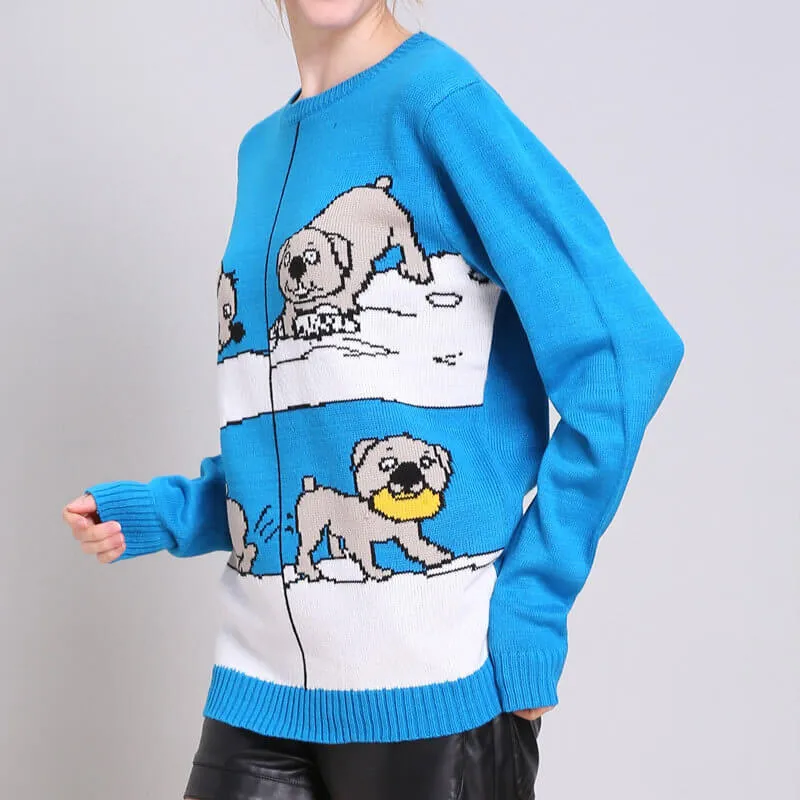 Christmas Blue Cartoon Print Sweater