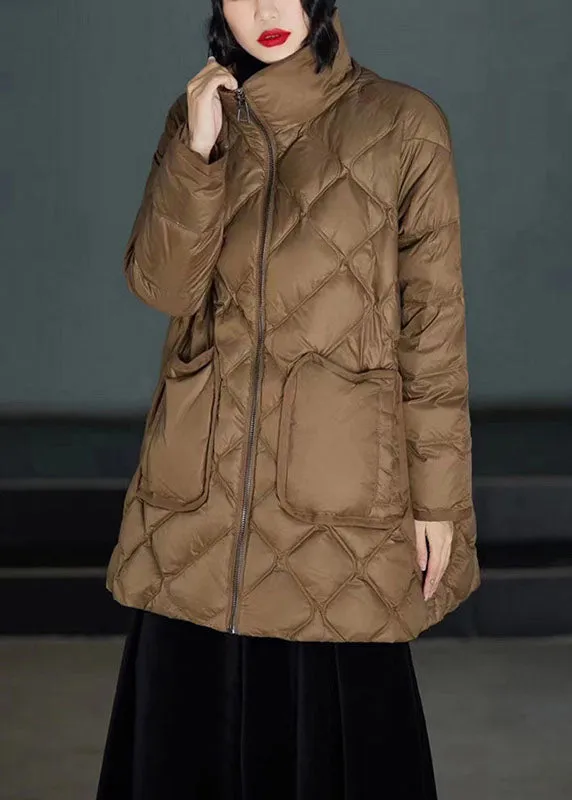 Classy Brown Stand Collar Zippered Duck Down Puffers Coats Winter