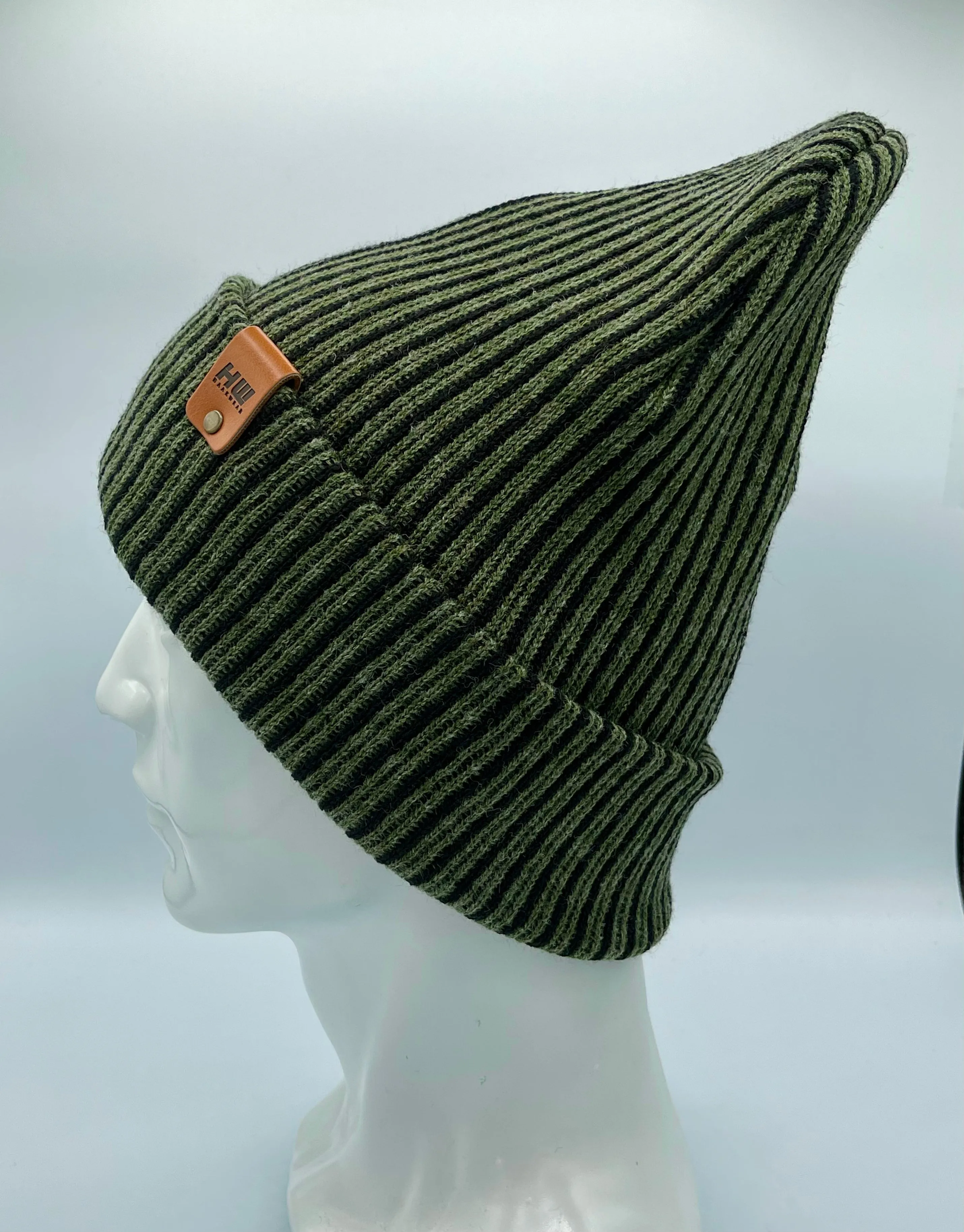 CTD503 HAAKWEAR Cuffed Wide Ribbed Striped Beanie / Hat, Limited Edition, Black/Green, Made in USA