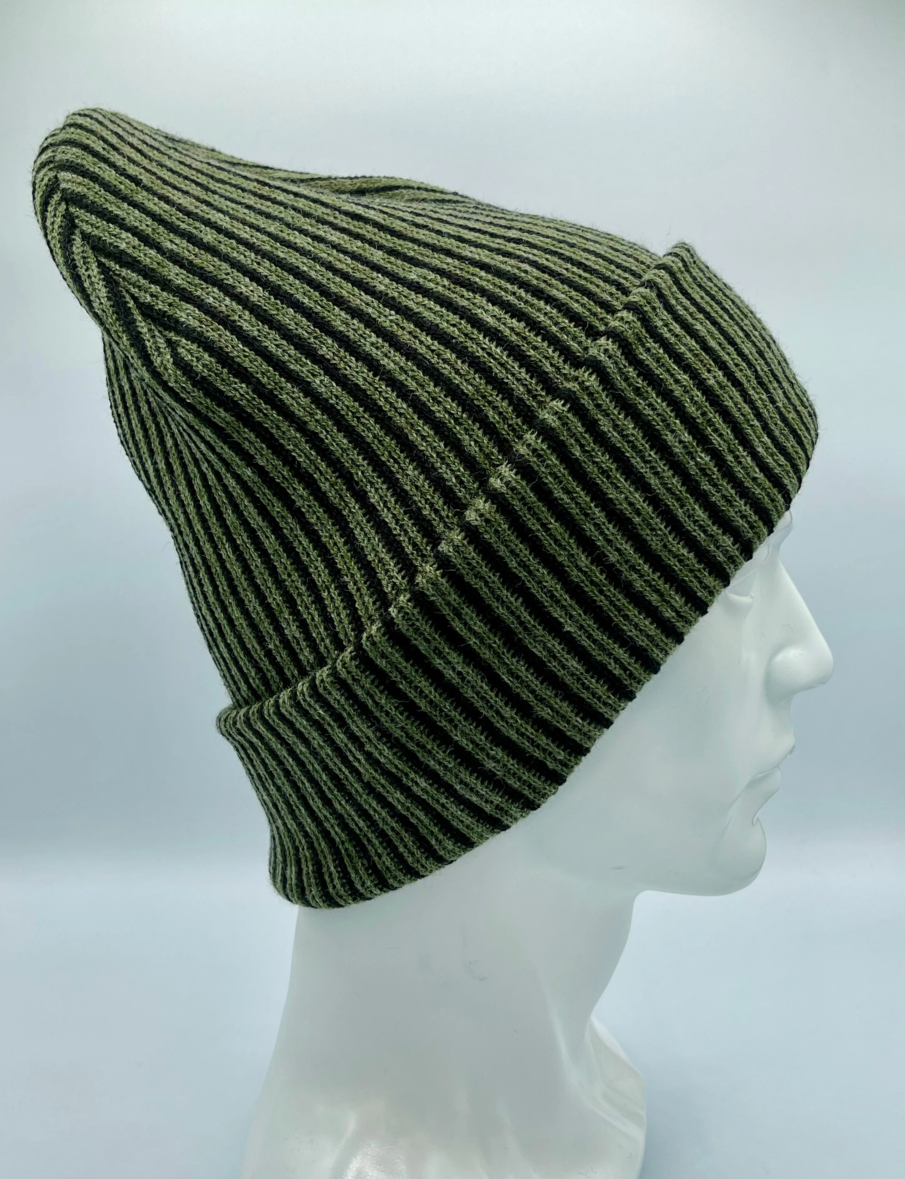 CTD503 HAAKWEAR Cuffed Wide Ribbed Striped Beanie / Hat, Limited Edition, Black/Green, Made in USA