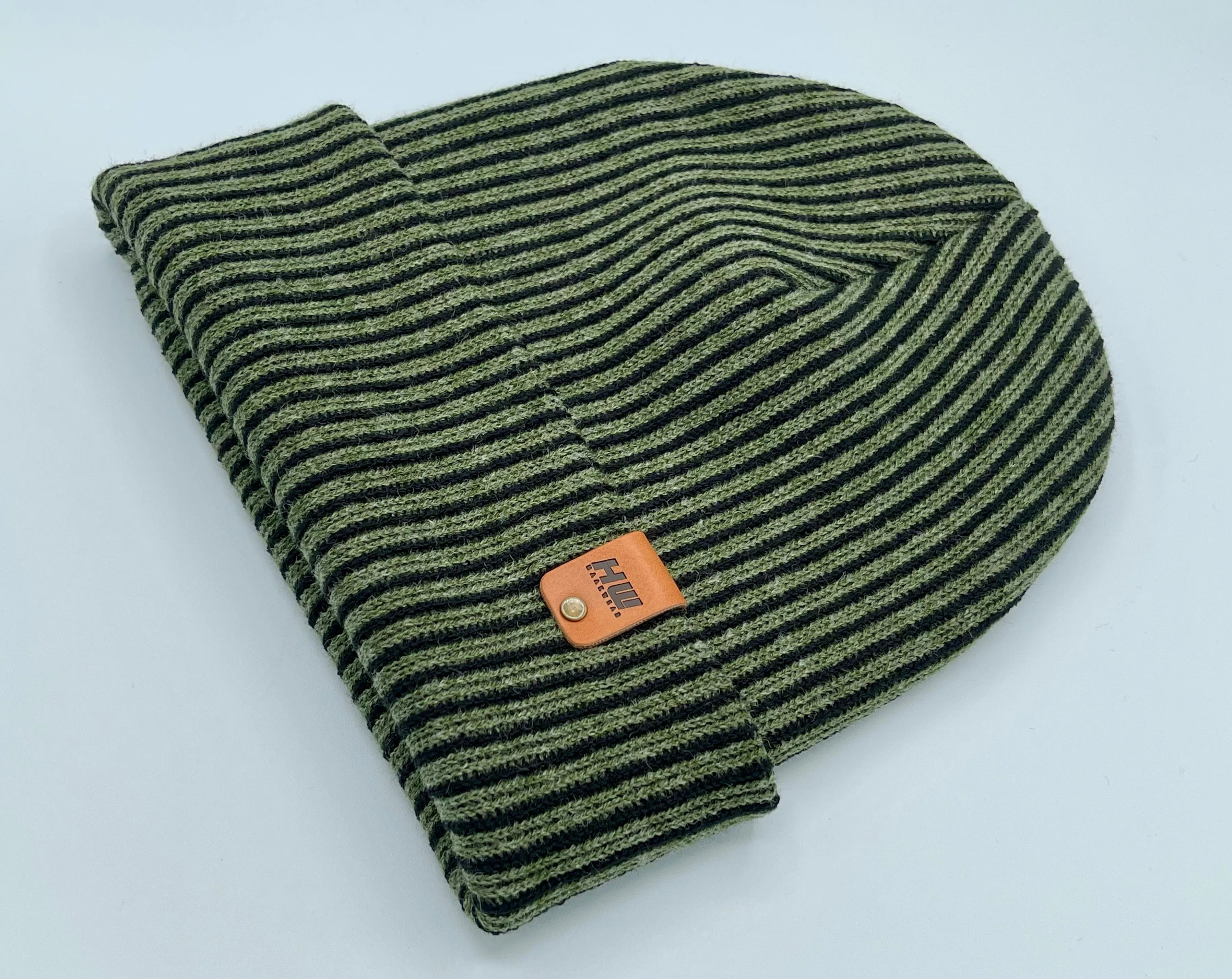 CTD503 HAAKWEAR Cuffed Wide Ribbed Striped Beanie / Hat, Limited Edition, Black/Green, Made in USA