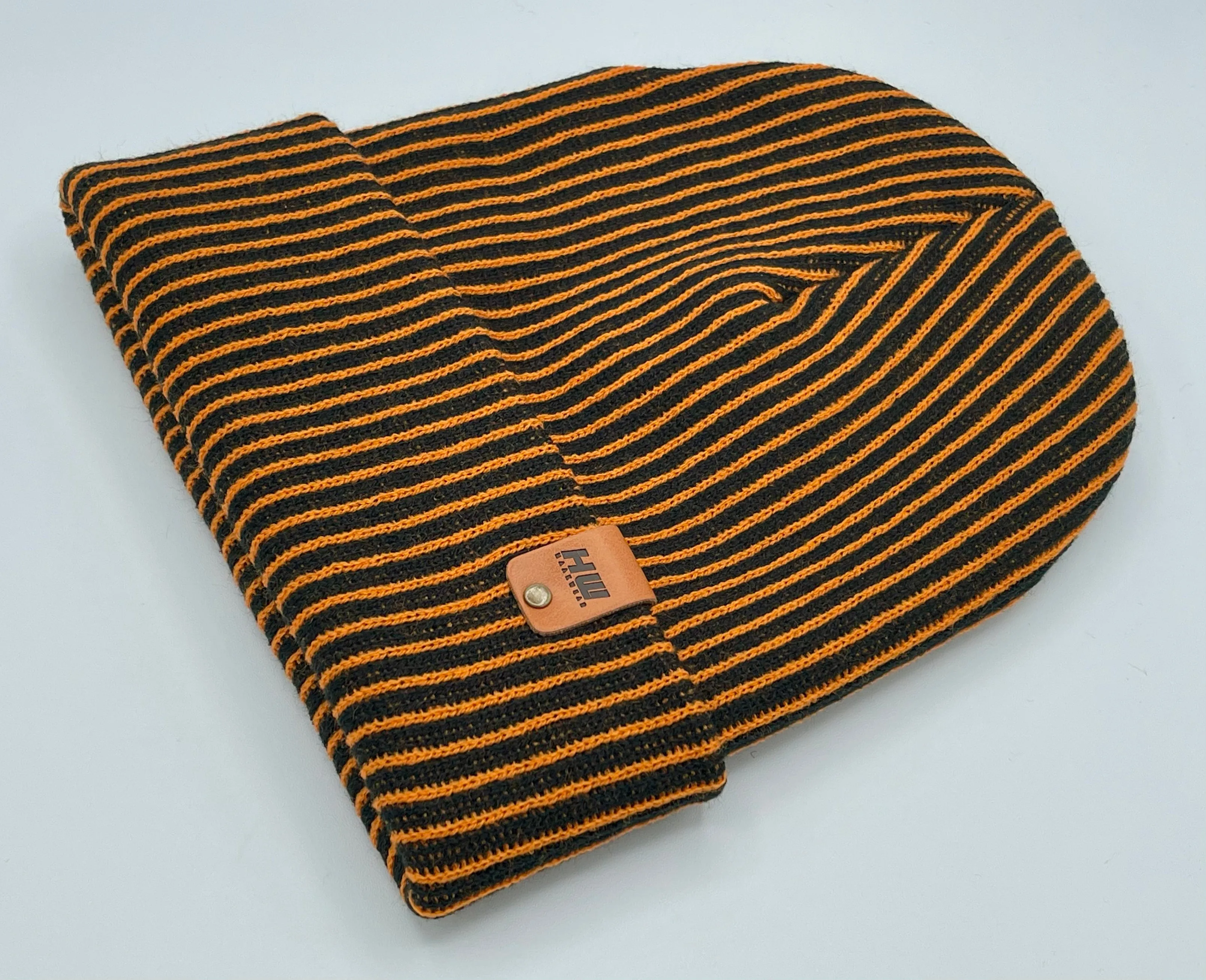 CTD507 HAAKWEAR Cuffed Wide Ribbed Striped Beanie / Hat, Limited Edition, Orange/Black, Made in USA