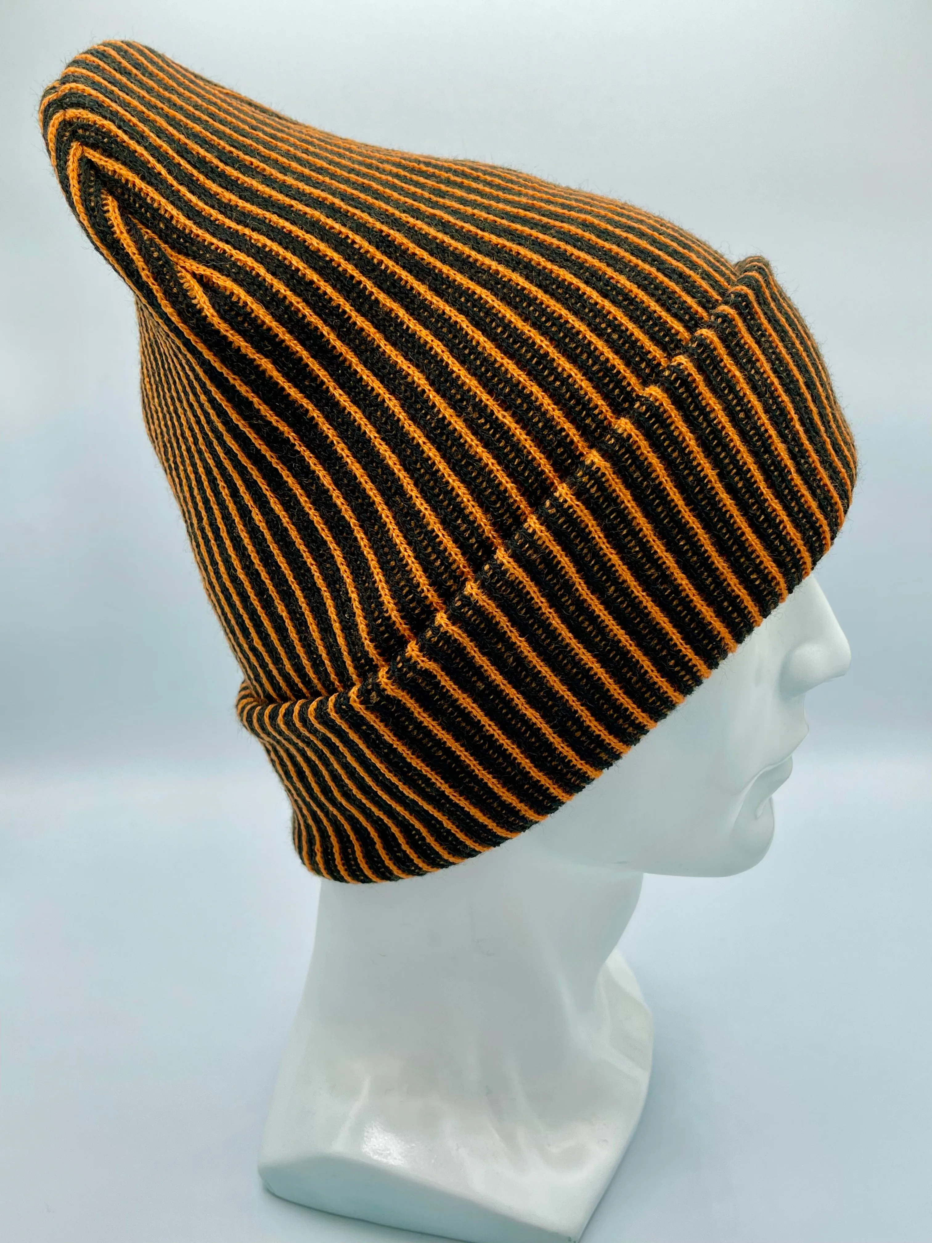 CTD507 HAAKWEAR Cuffed Wide Ribbed Striped Beanie / Hat, Limited Edition, Orange/Black, Made in USA