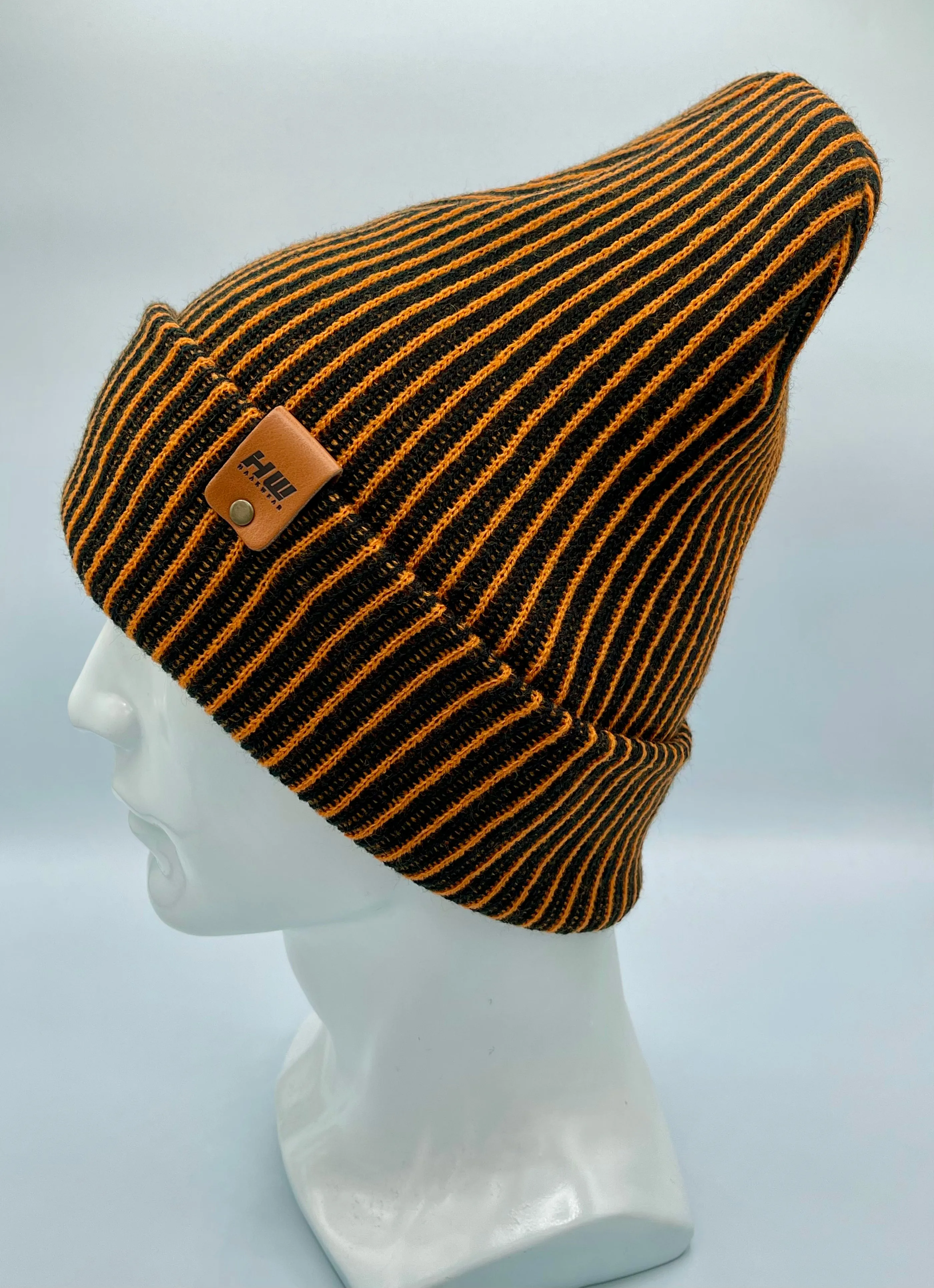 CTD507 HAAKWEAR Cuffed Wide Ribbed Striped Beanie / Hat, Limited Edition, Orange/Black, Made in USA