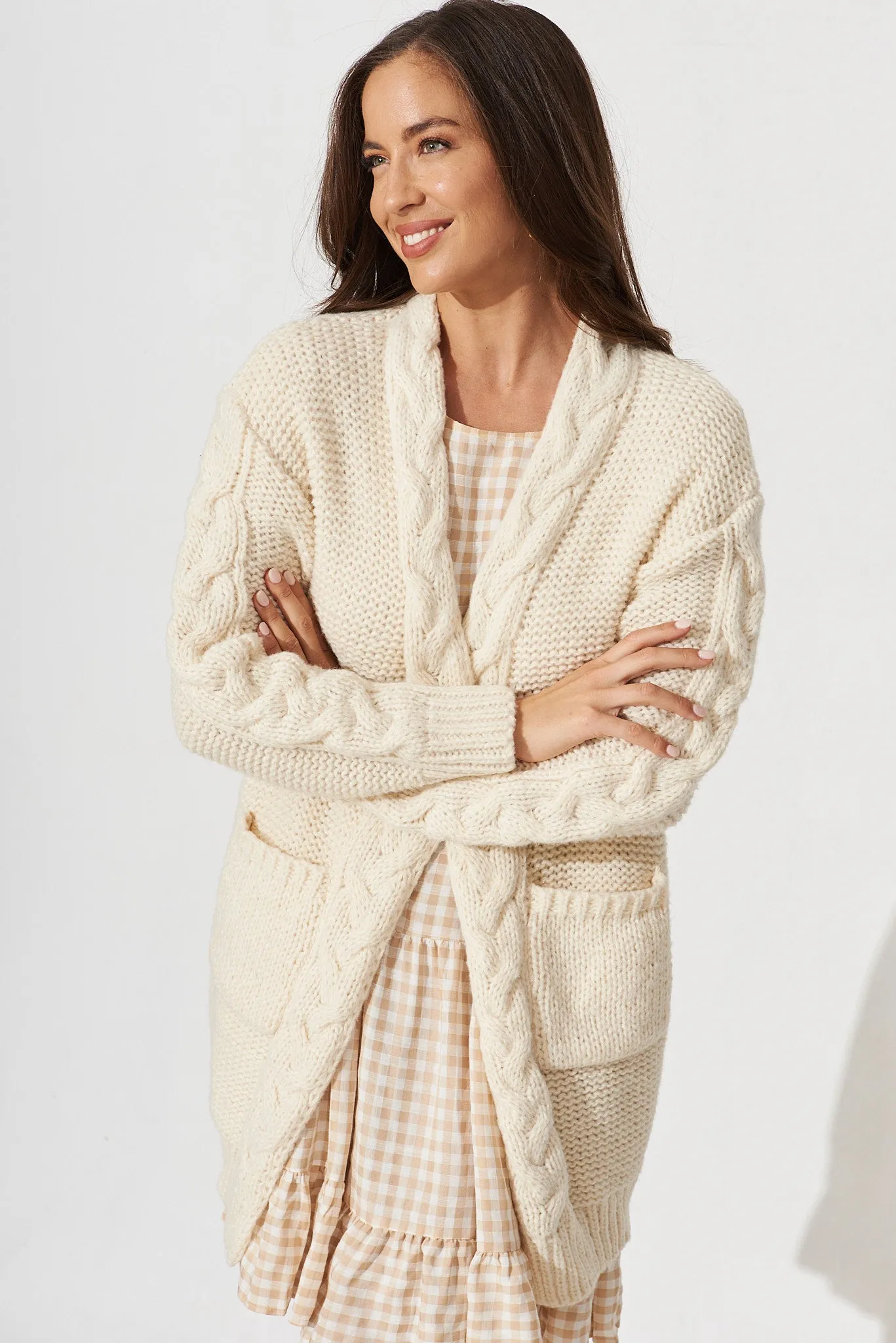 Durham Cable Knit Cardigan In Cream Wool Blend