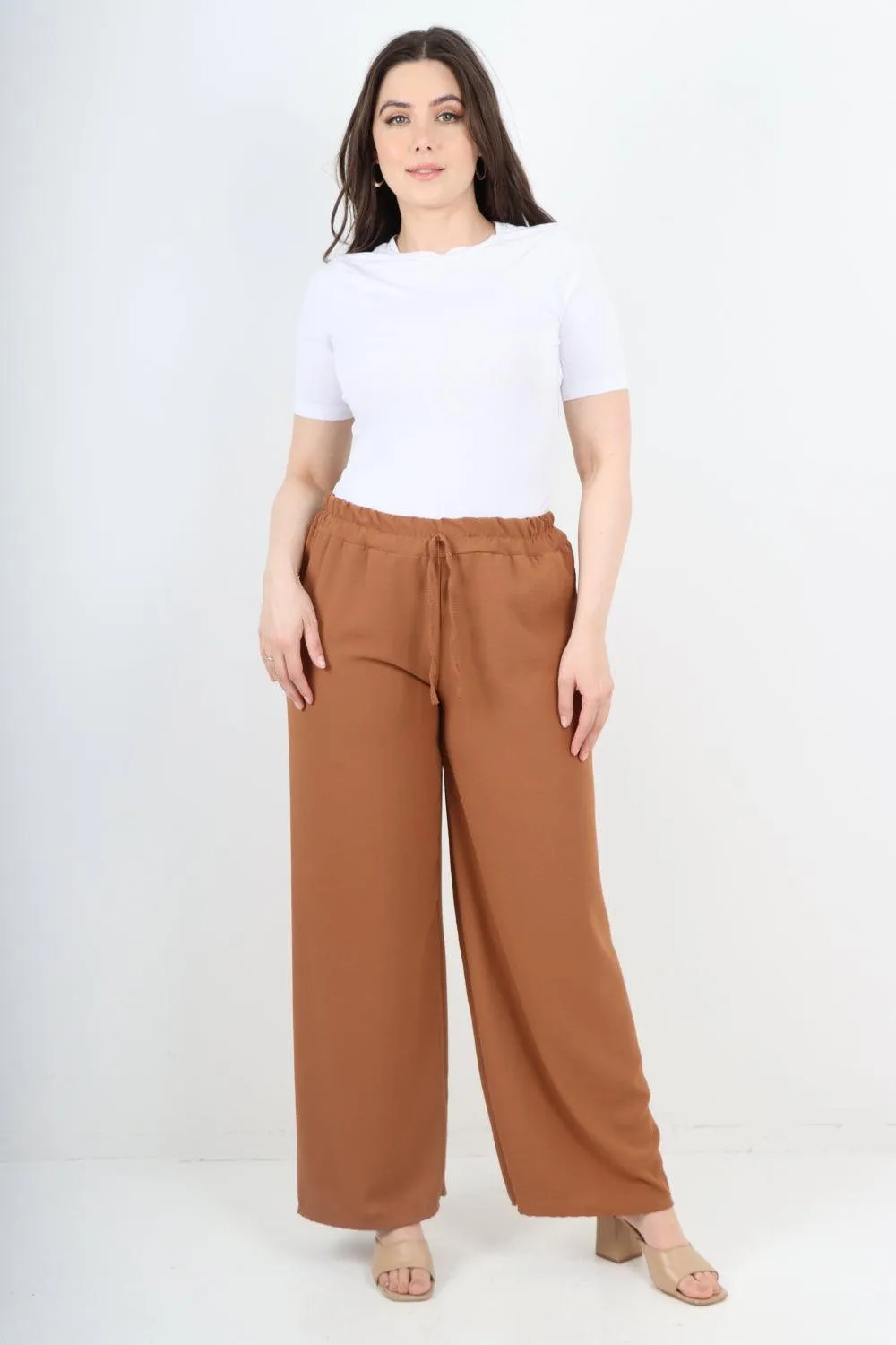 Elastic Waistband Wide Leg Trousers