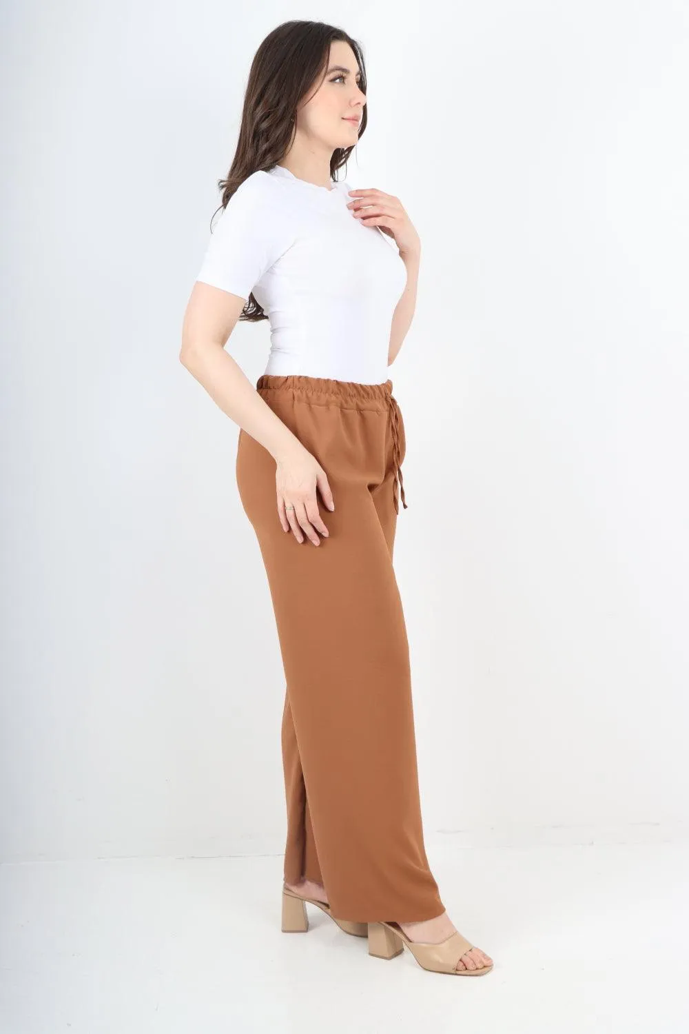 Elastic Waistband Wide Leg Trousers