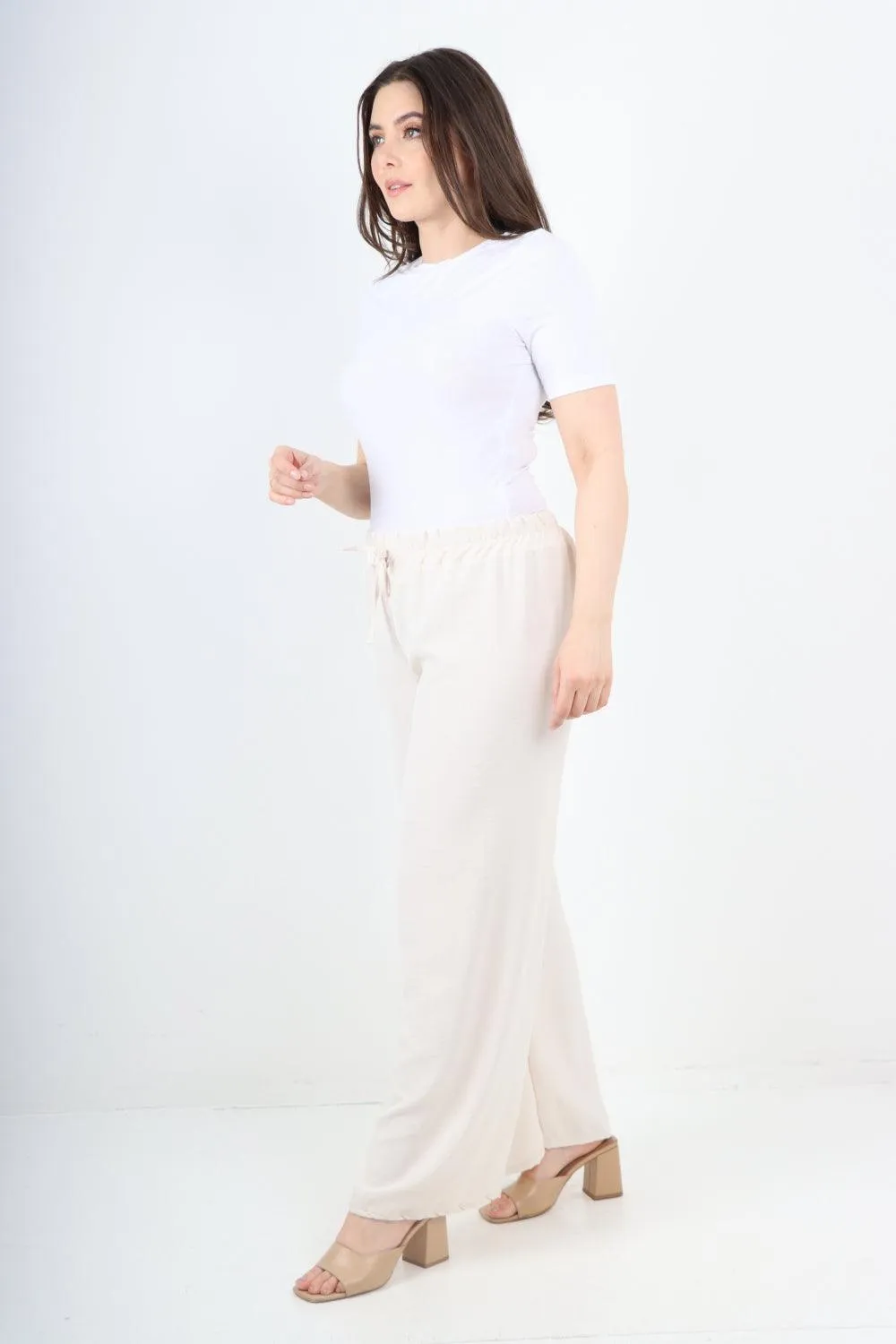 Elastic Waistband Wide Leg Trousers