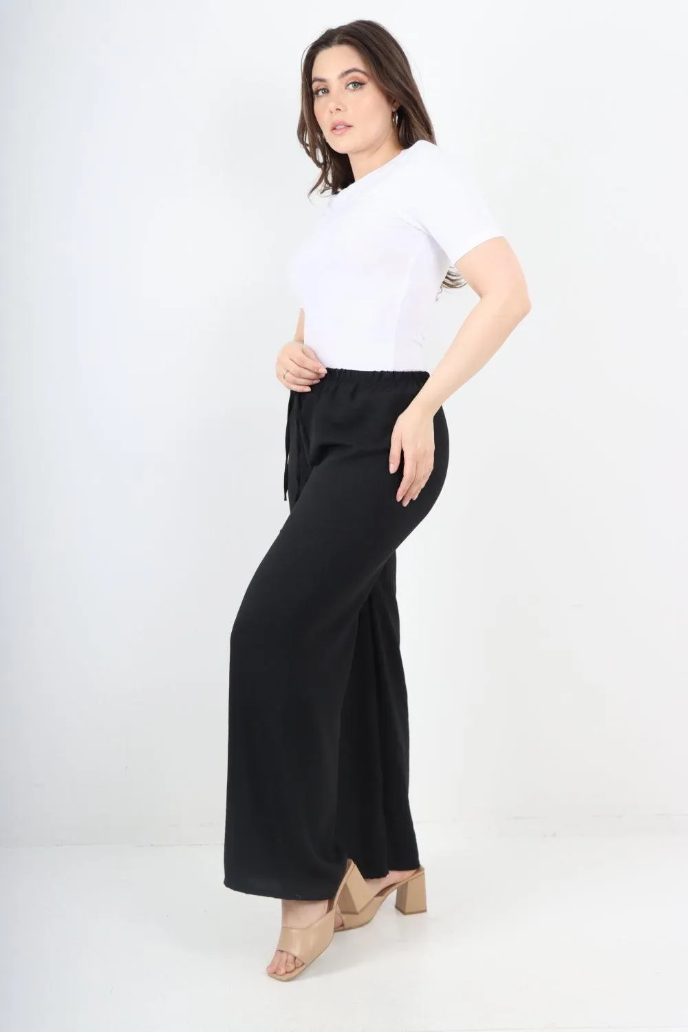 Elastic Waistband Wide Leg Trousers