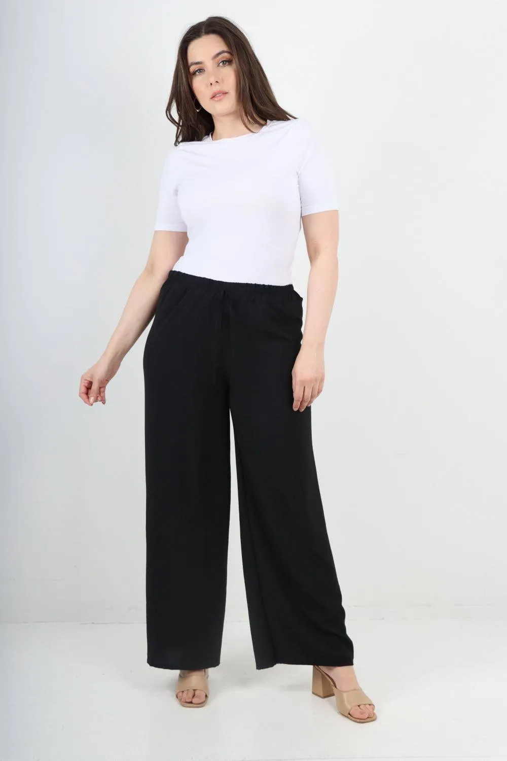 Elastic Waistband Wide Leg Trousers