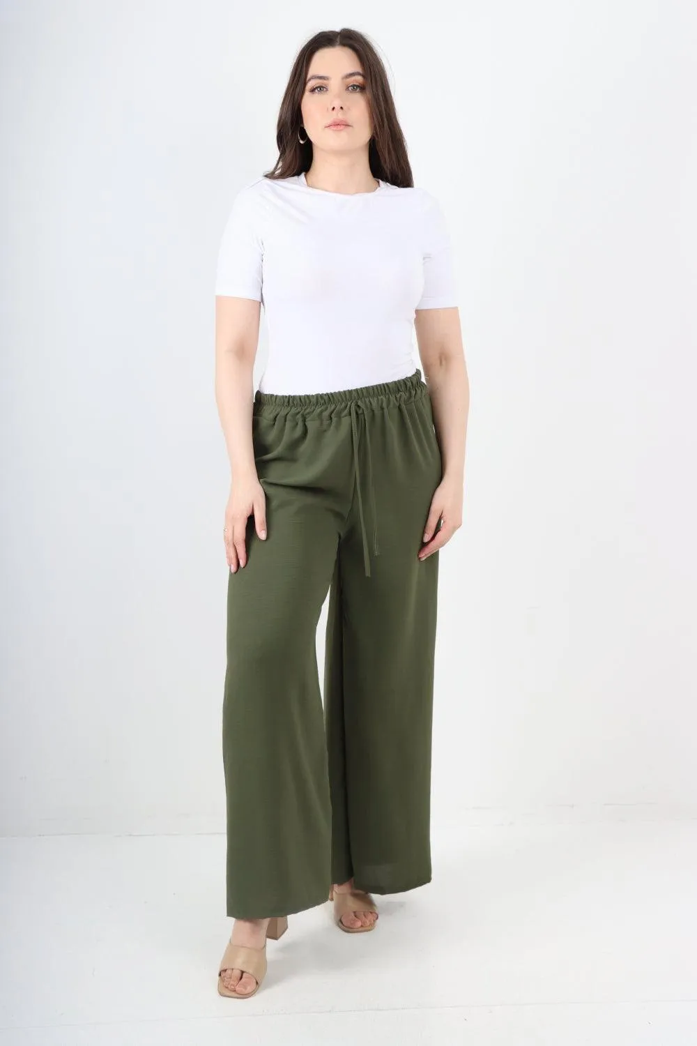 Elastic Waistband Wide Leg Trousers