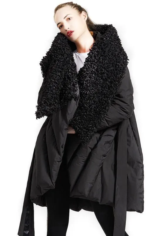 Fine plus size womens parka tie waist coats black fur collar goose Down coat