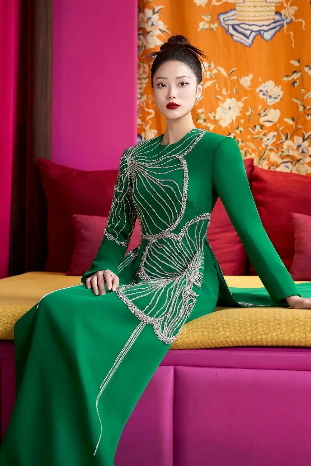 Gracef Sheath Round Neck Velvet Satin Floor Length Ao Dai