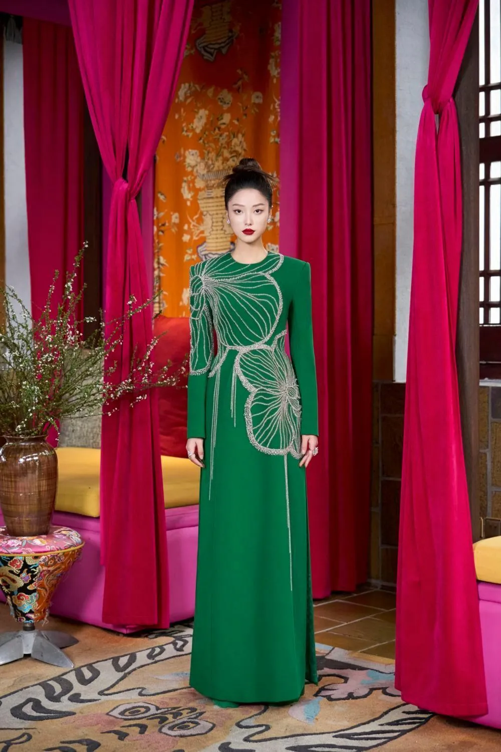 Gracef Sheath Round Neck Velvet Satin Floor Length Ao Dai