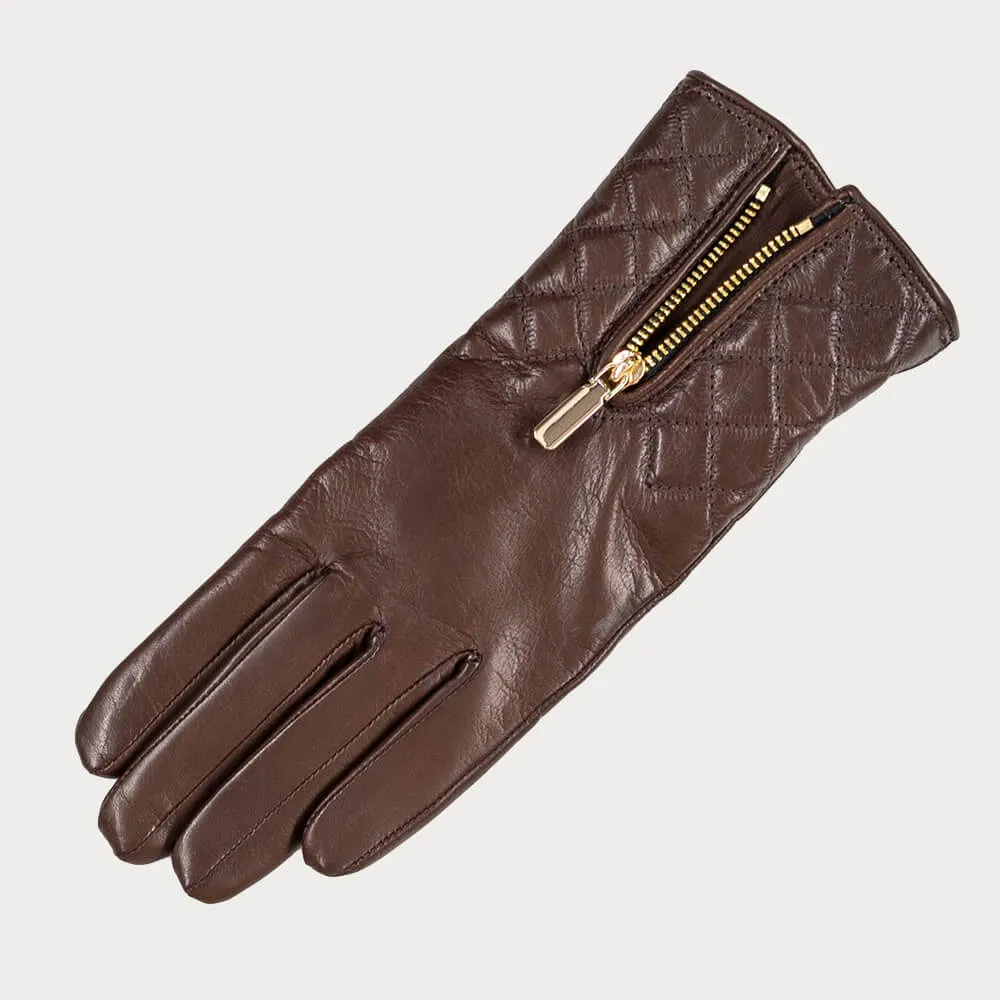 Havana Brown Quilted Leather Gloves with Cashmere Lining