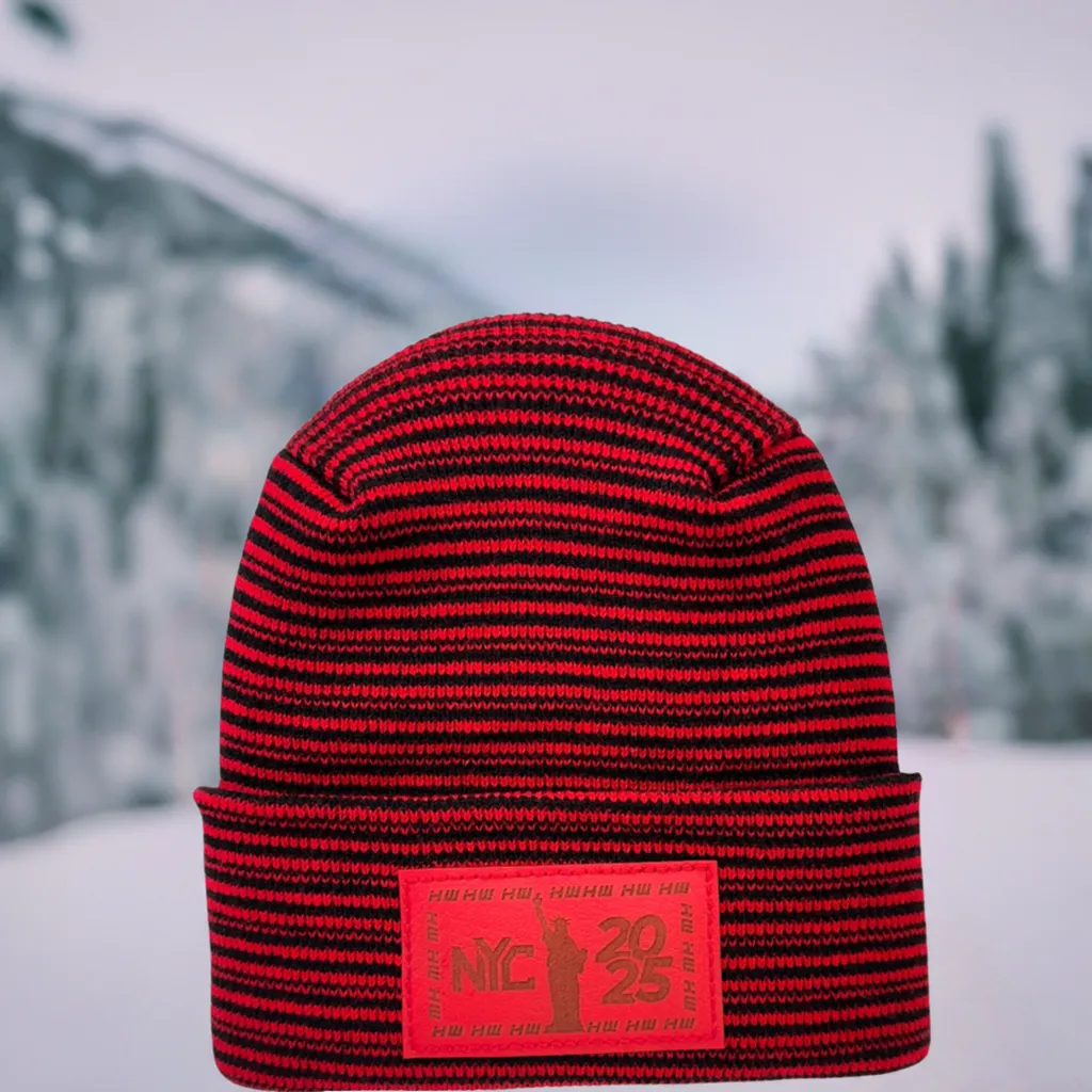 HW NEW YEAR 2025 NYC,  Theta Stitch Contrast Cuffed Beanie - Red / Black Hat, Made in USA (Limited Edition)