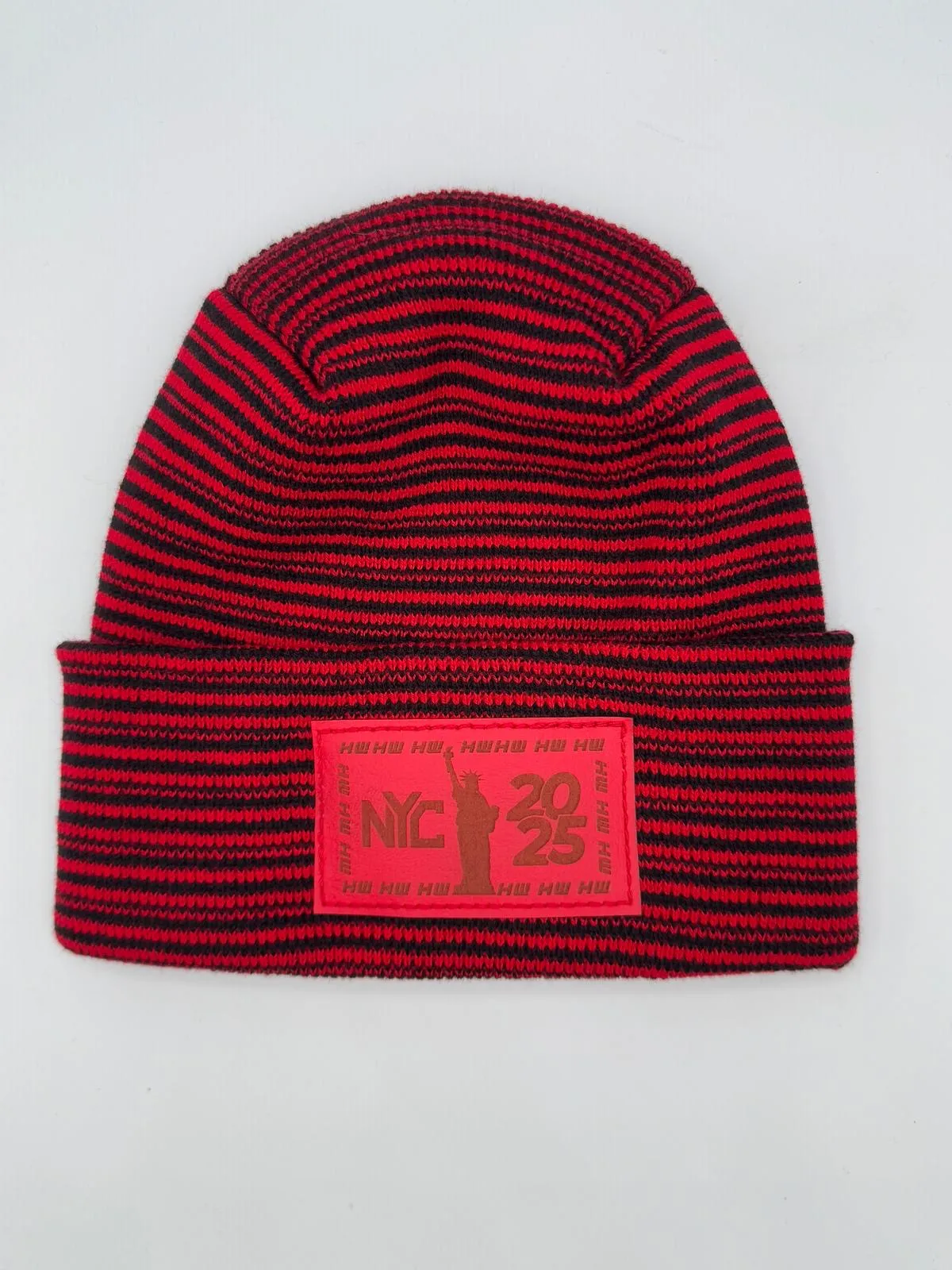 HW NEW YEAR 2025 NYC,  Theta Stitch Contrast Cuffed Beanie - Red / Black Hat, Made in USA (Limited Edition)