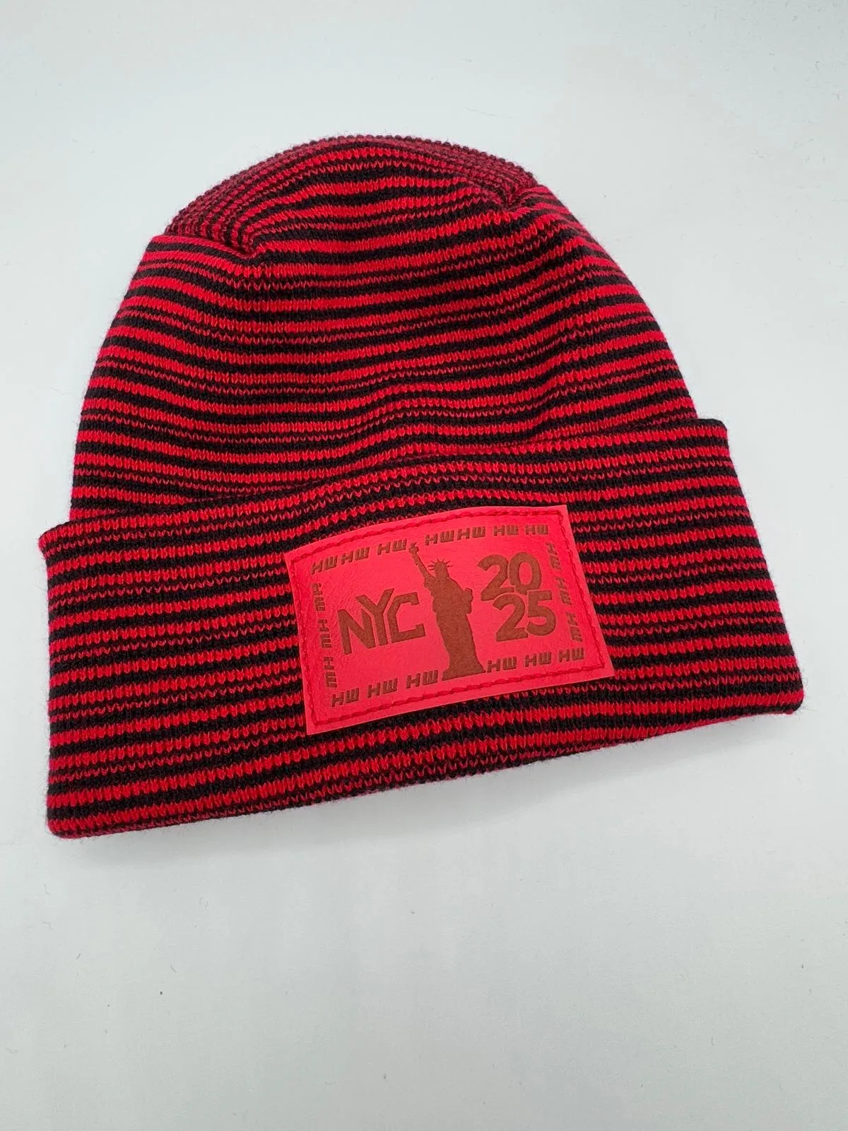 HW NEW YEAR 2025 NYC,  Theta Stitch Contrast Cuffed Beanie - Red / Black Hat, Made in USA (Limited Edition)