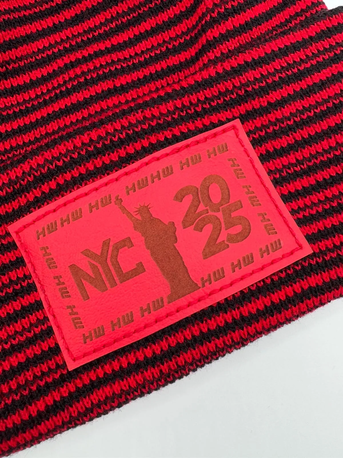 HW NEW YEAR 2025 NYC,  Theta Stitch Contrast Cuffed Beanie - Red / Black Hat, Made in USA (Limited Edition)