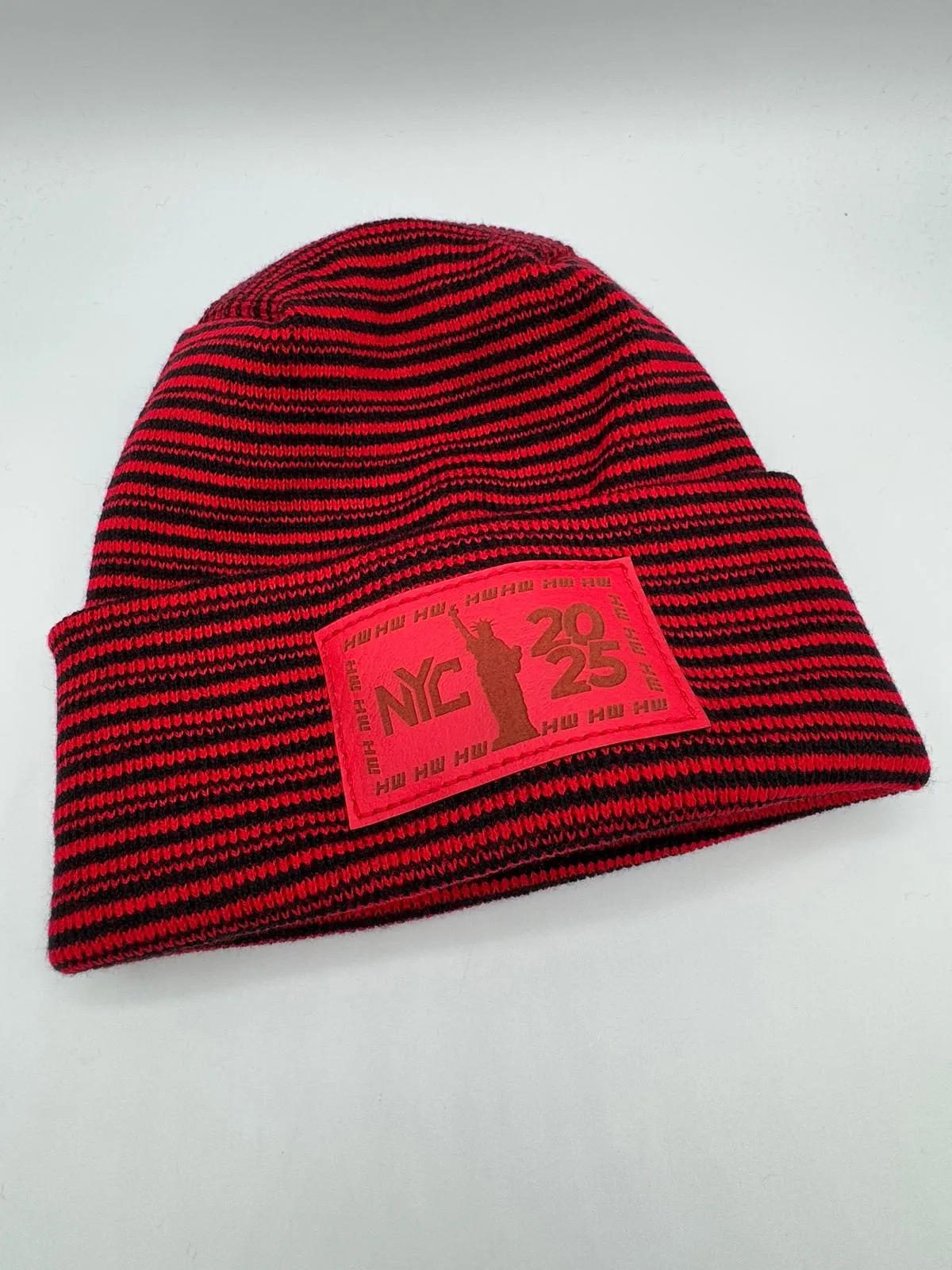 HW NEW YEAR 2025 NYC,  Theta Stitch Contrast Cuffed Beanie - Red / Black Hat, Made in USA (Limited Edition)