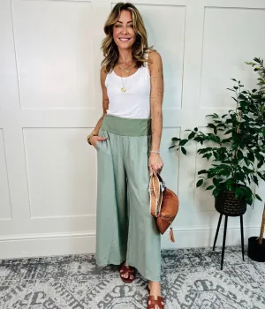 Khaki Linen Blend Wide Leg Trousers