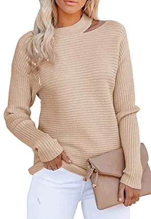 KIRUNDO 2021 Women’s Sweaters Halter Neck Off Shoulder Long Sleeves Knit Sweater Loose Solid Pullovers Tops (Khaki, X-Large)