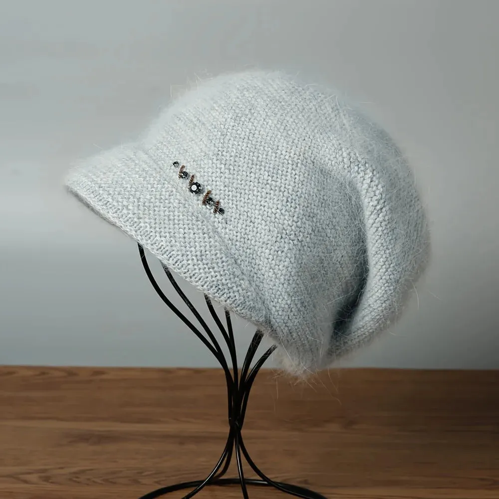 Knitted Double Elastic Diamond Dot Rabbit Hair Hat