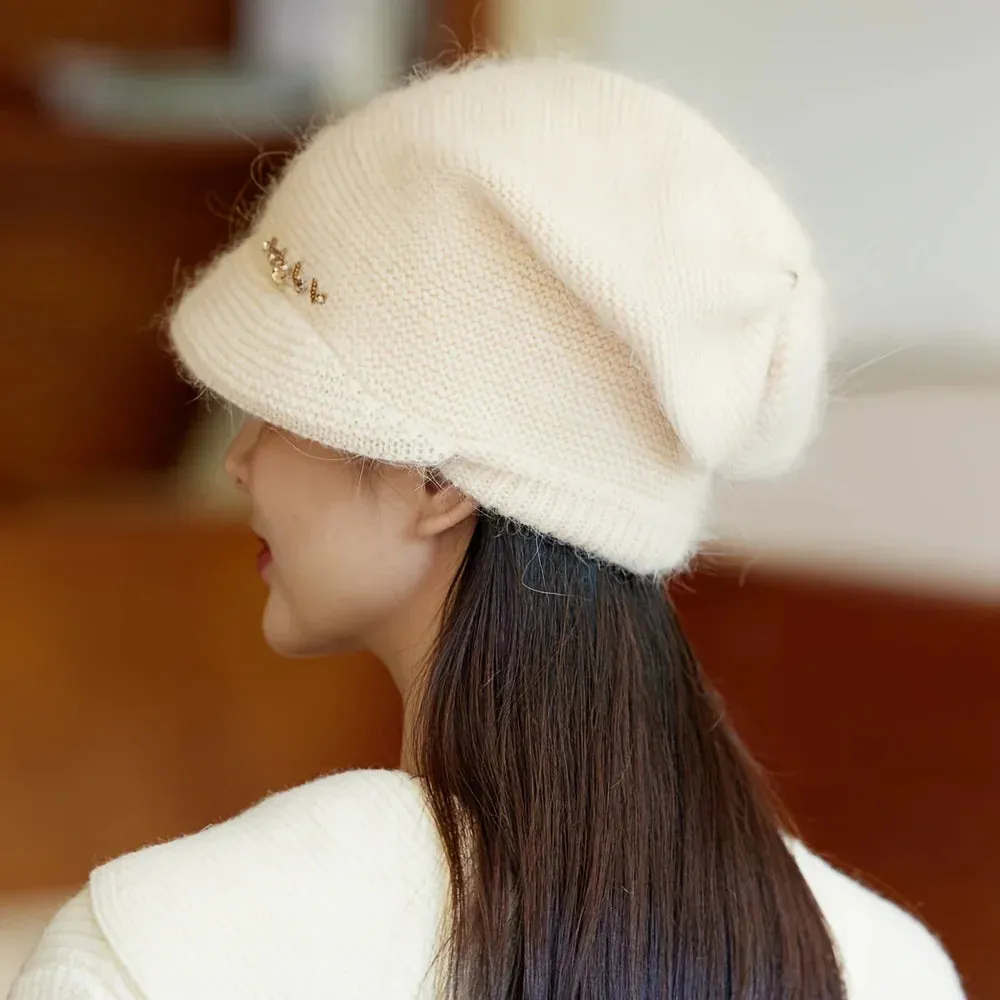 Knitted Double Elastic Diamond Dot Rabbit Hair Hat