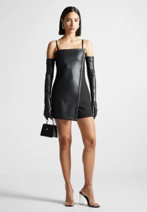 Leather Tailored Playsuit with Gloves - Black