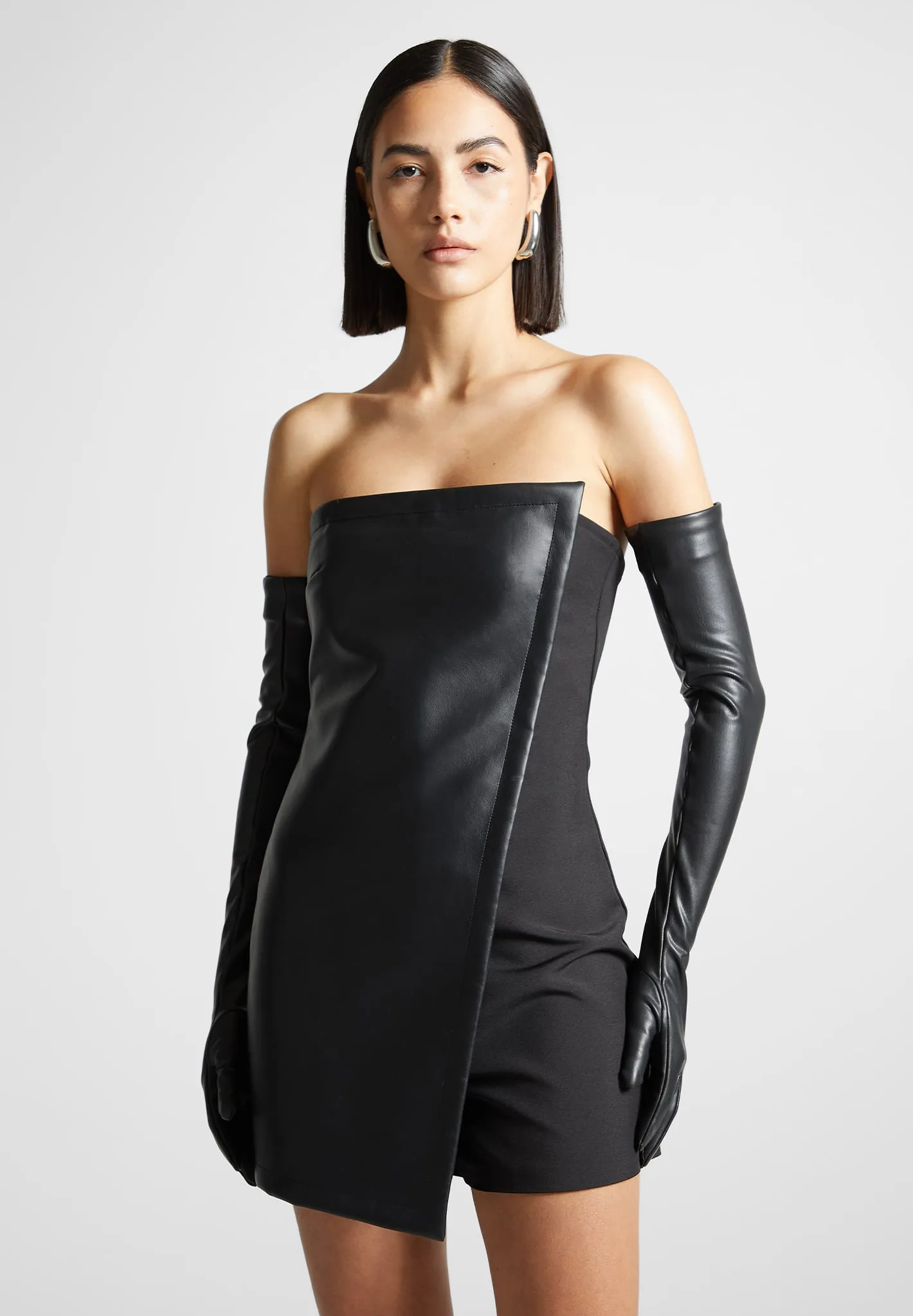 Leather Tailored Playsuit with Gloves - Black