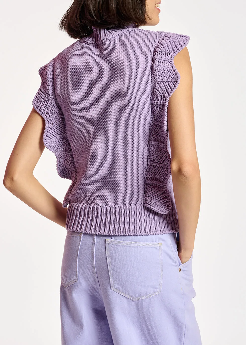 Lilac sleeveless ruffle sweater