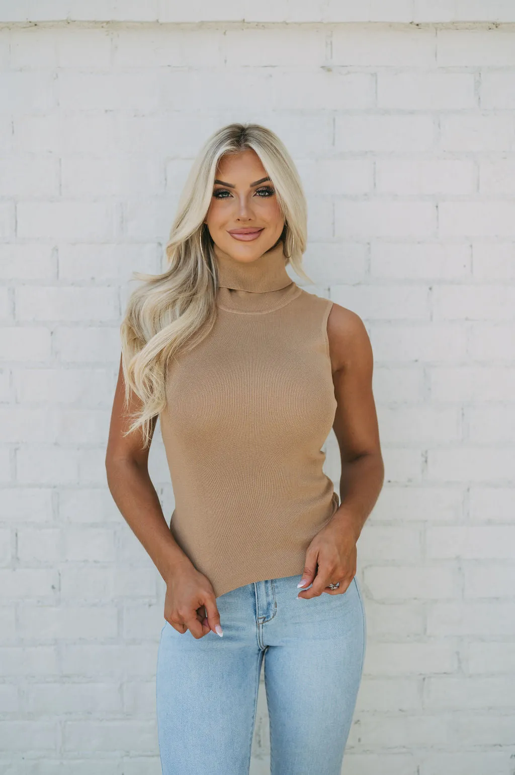 Mock Neck Sleeveless Top- Taupe