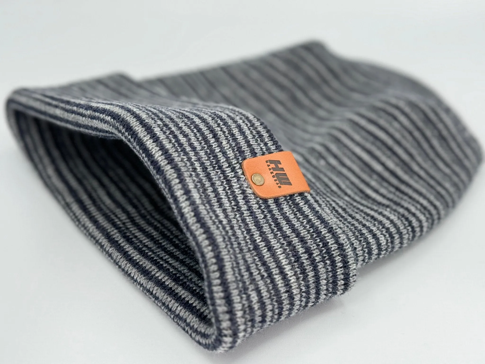 Modern Theta Stitch Contrast Cuffed Beanie (Patent Pending Design) Gray / Denim, Made in USA