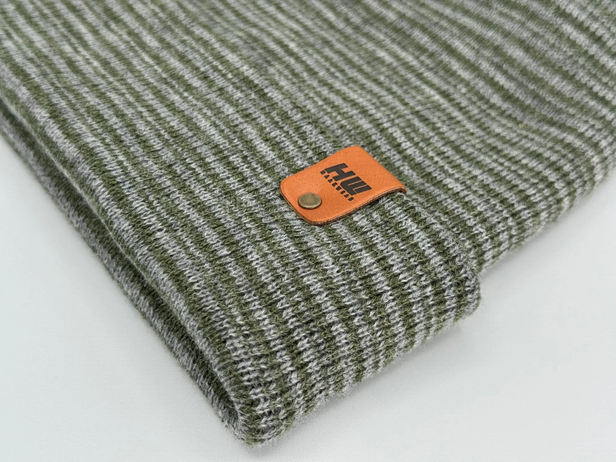 Modern Theta Stitch Contrast Cuffed Beanie (Patent Pending Design) Gray / Green, Made in USA