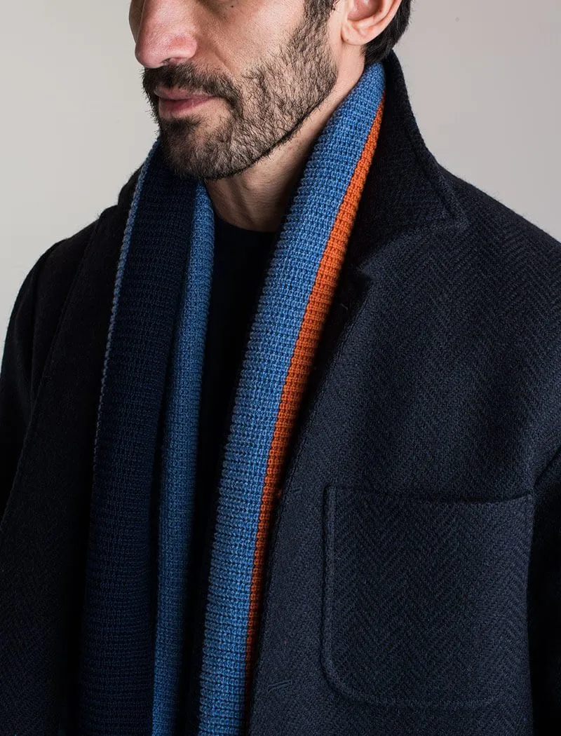 Navy & Orange Vertical Striped Knitted Wool Scarf