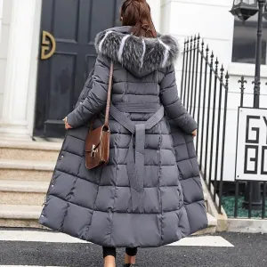 New Winter Over Knee Loose Large Fur Collar Hooded Warm Thick Parkas Women  Padded Overcoat