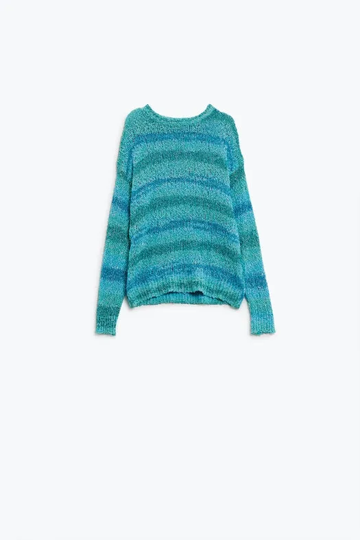 Open Knit Stripey Crew Neck Sweater in Shades of Blue