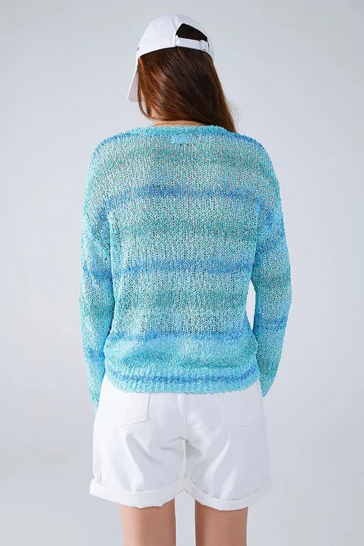 Open Knit Stripey Crew Neck Sweater in Shades of Blue