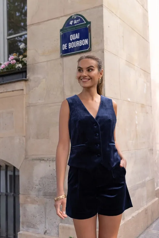 Plain Velvet Sleeveless Suit Vest Navy Blue