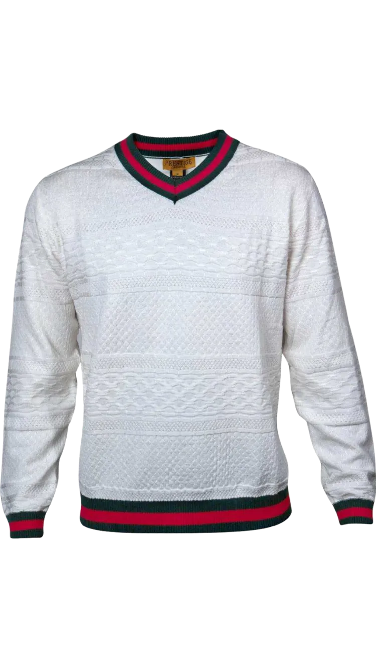 Prestige White Men's V-neck Sweater with Red and Green Stripes