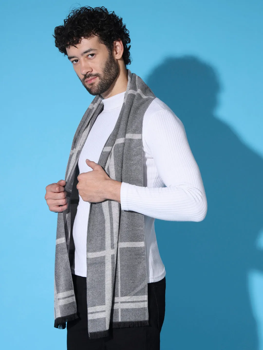 Striped Men Muffler - Classic Grey Woolen Muffler