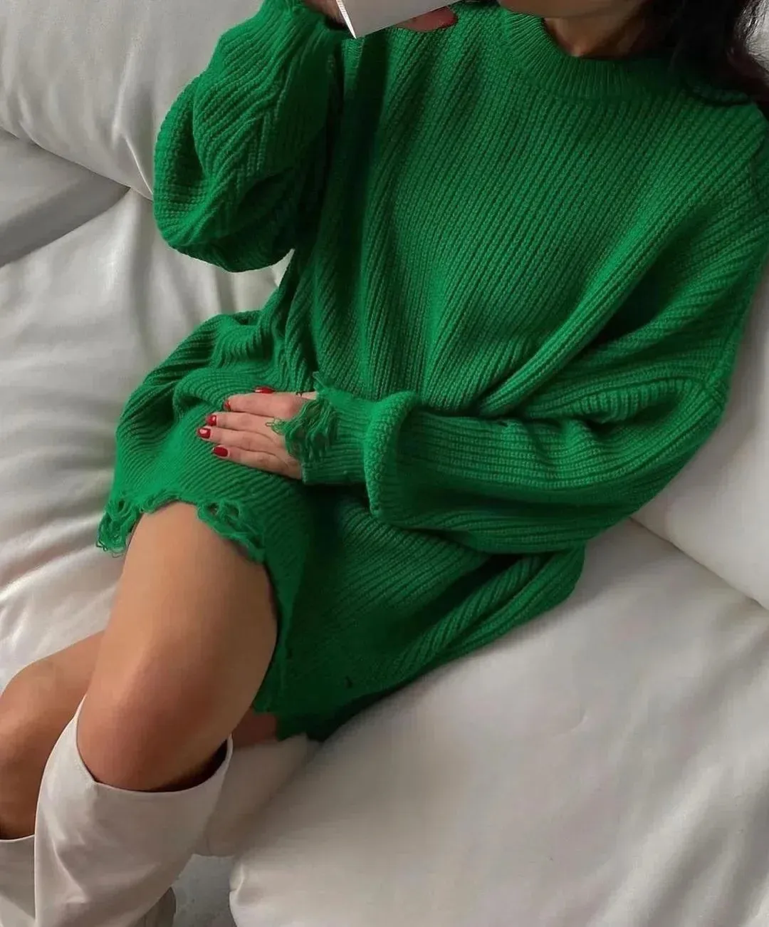 Trendy Loose Warm Cozy Stylish Comfortable Soft Knitted Green Winter Long Sleeve Sweater